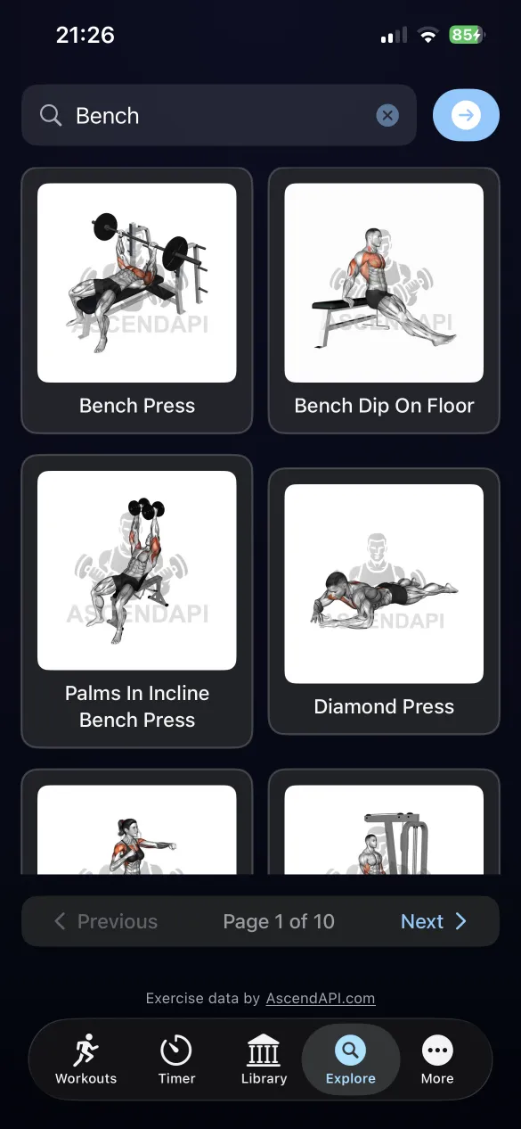 Exercise search results with images