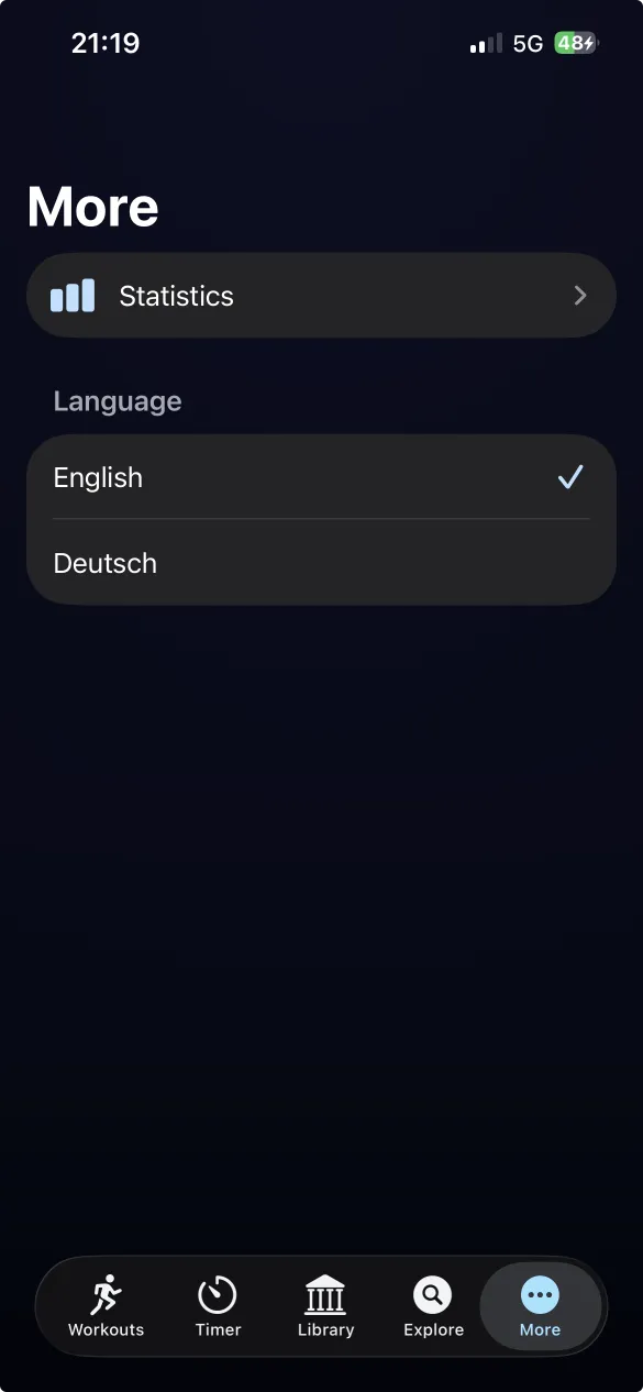 More tab with language picker for English and German