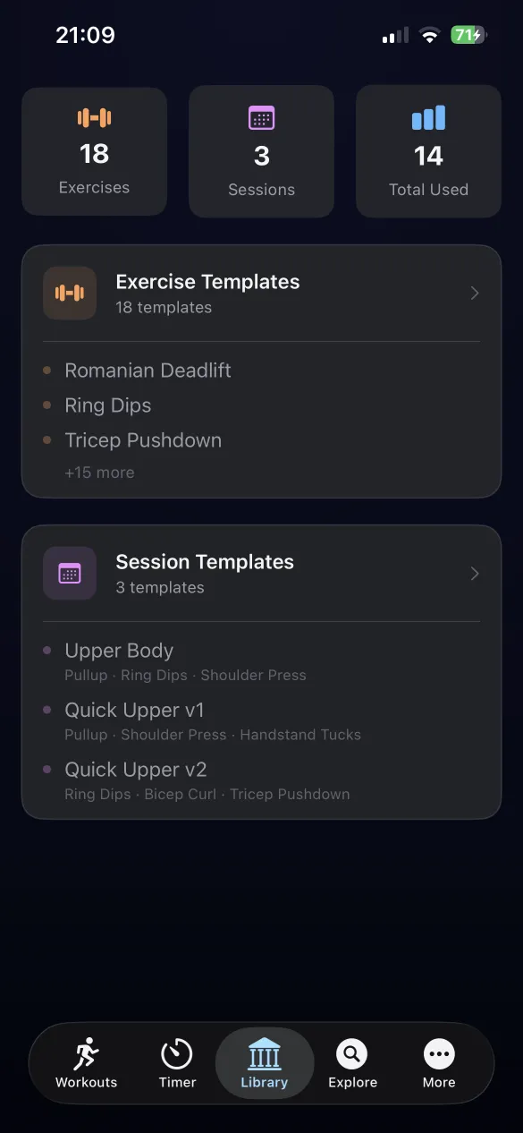 Library with exercise and session templates