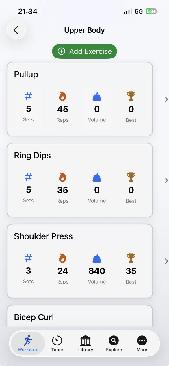 Exercises of a session in light mode