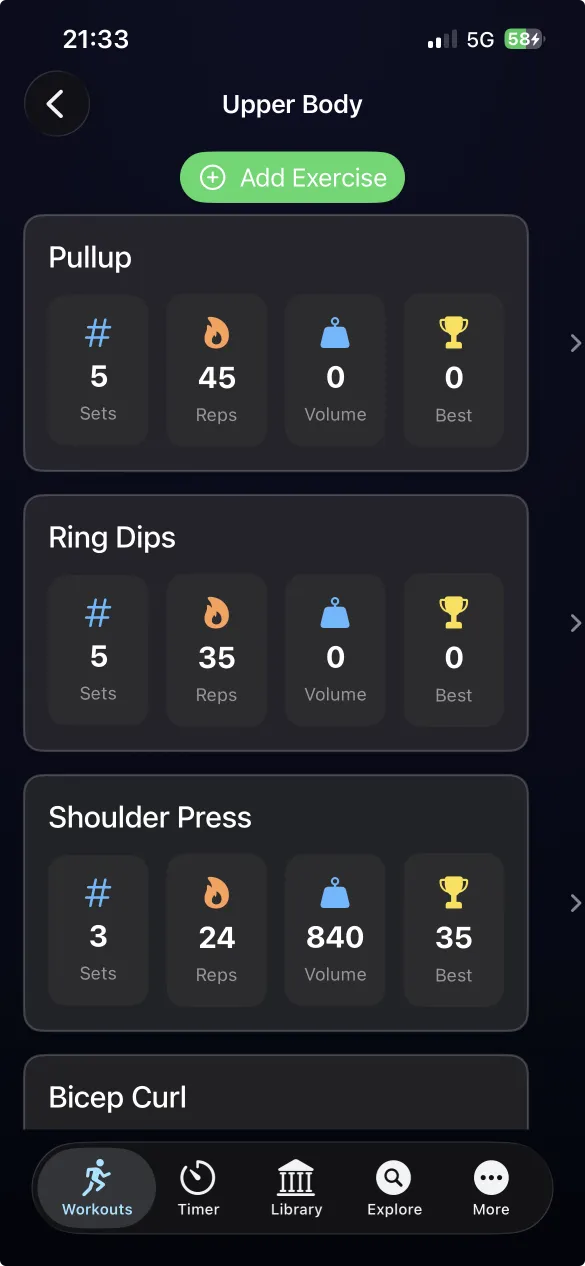 Exercises of a session with sets, reps, volume and best weight
