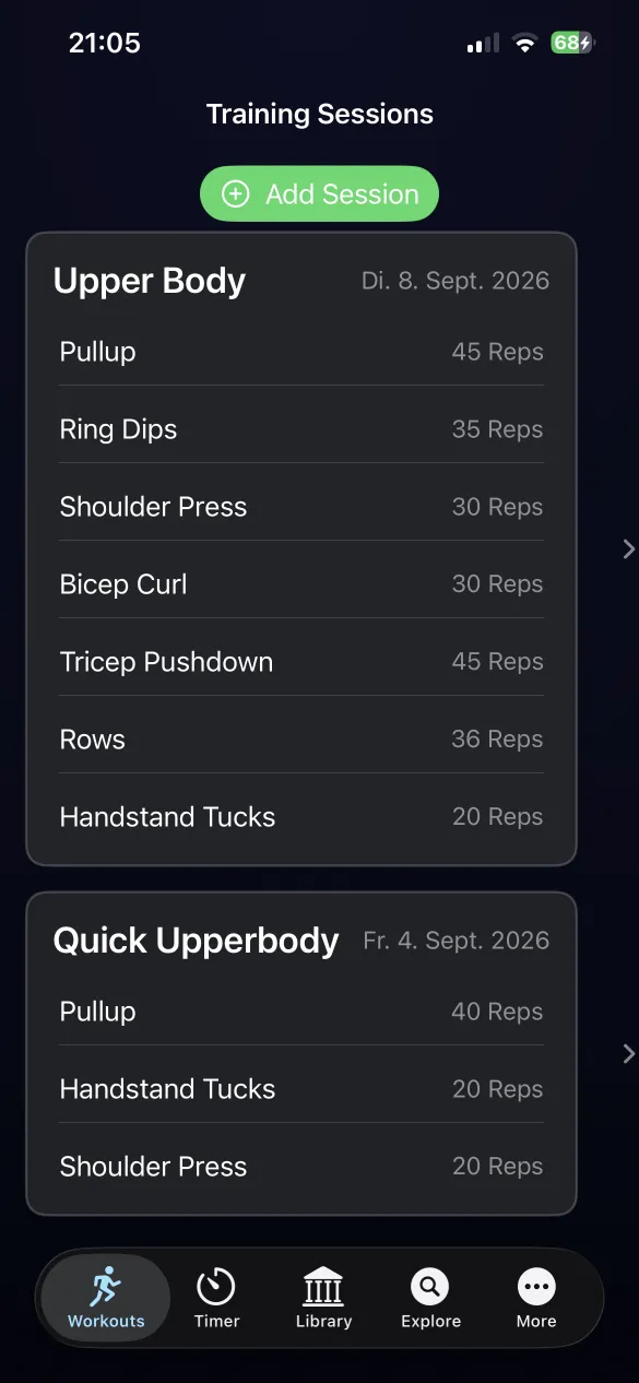 List of training sessions with exercises and reps